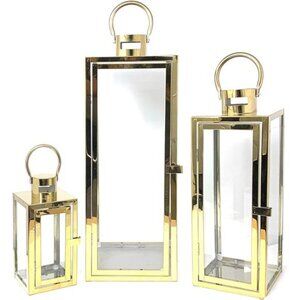 3-PC Lantern Set 23 Inch Jumbo Deluxe Modern Candle Lantern Set Stainless Steel